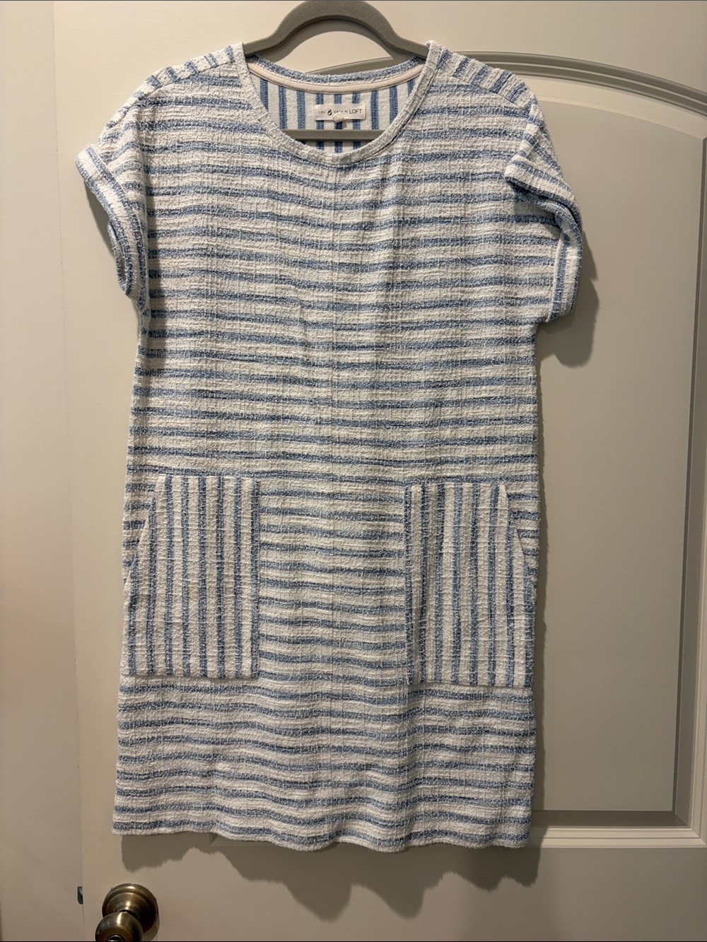 LOFT Blue & White Striped Cotton-Blend Pocket Shift Dress